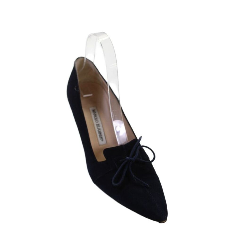 Manolo Blahnik Womens Suede Bow Tie Kitten Heels Pumps NAvy Blue Size 7